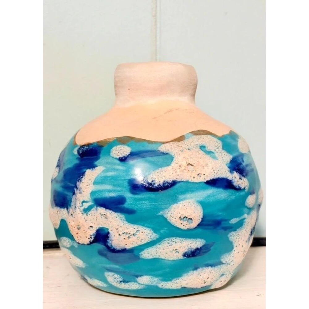 Coastal Boho Vase Prempracha Thailand Turquoise Sea Foam Ocean Glaze